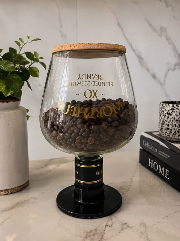 Upcycled_Morpheus_XO_Glass_Storage_Jar_with_Mahogany_Wood_Lid_|_650_ML_|_Made_from_Morpheus_XO®_Bottle