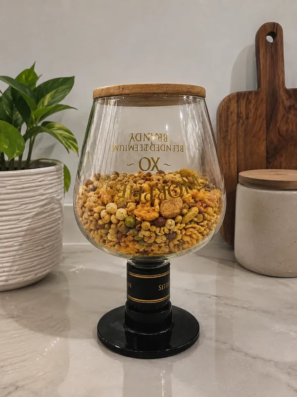 Upcycled_Morpheus_XO_Glass_Storage_Jar_with_Mahogany_Wood_Lid_|_650_ML_|_Made_from_Morpheus_XO®_Bottle