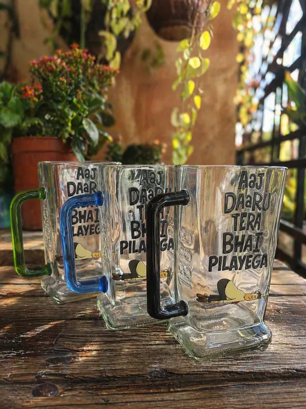 The_"Bhai"_Special_Upcycled_650ml_Glass_Beer_Mug_|_Set_of_3_|_Handle_Color-Blue/Black/Green
