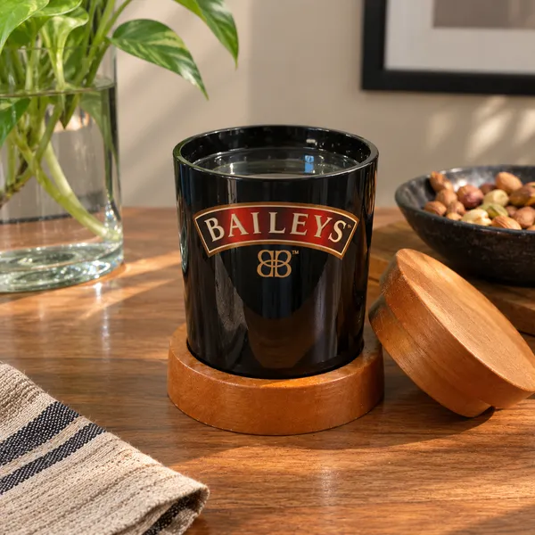 Upcycled_Baileys_Bottle_Standard_Glass_with_Wooden_Lid_&_Base_–_350_ML_|_Made_from_Baileys®_Bottle