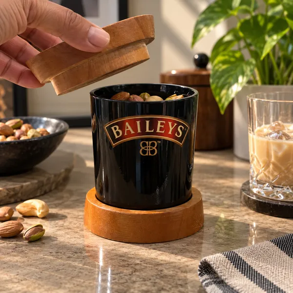 Upcycled_Baileys_Bottle_Standard_Glass_with_Wooden_Lid_&_Base_–_350_ML_|_Made_from_Baileys®_Bottle