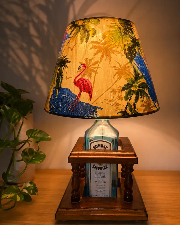Upcycled_Bombay_Sapphire_Bottle_Lamp_with_Wooden_Stand