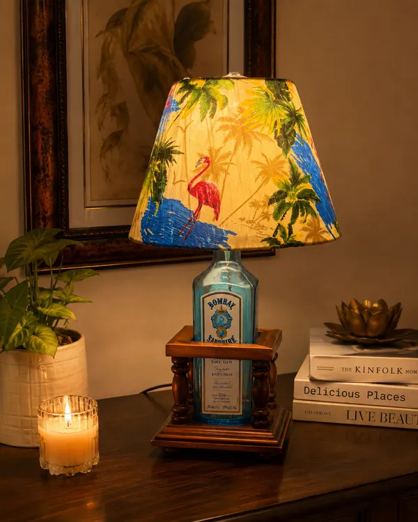 Upcycled_Bombay_Sapphire_Bottle_Lamp_with_Wooden_Stand