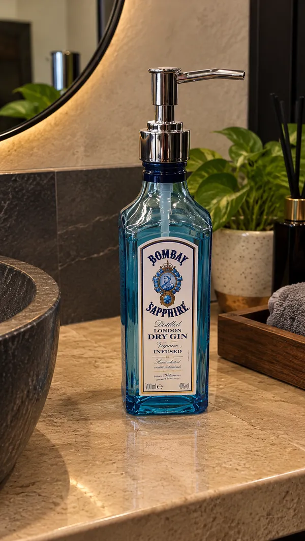 Upcycled_Bombay_Sapphire®_Bottle_Soap_Dispenser_|_375_ML_|_Refillable_Glass_Dispenser_|_Chrome_Pump