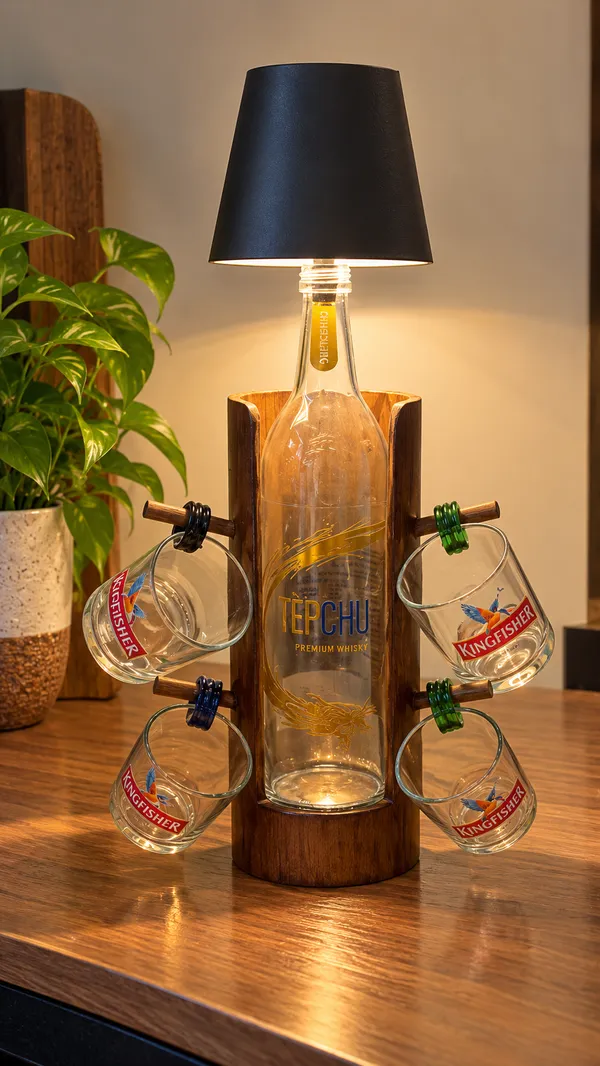 Upcycled_Bottle_Lamp_with_Sustainable_Bamboo_Tea_Cup_Stand_|_Set_of_4_Kingfisher®_Tea_Cups_|_Handcrafted_Multipurpose_Décor