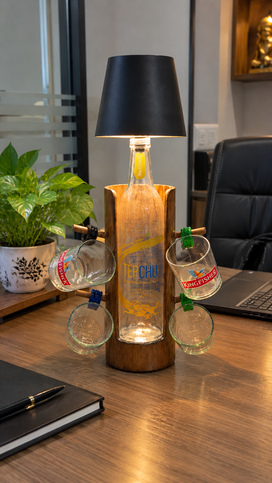 Upcycled_Bottle_Lamp_with_Sustainable_Bamboo_Tea_Cup_Stand_|_Set_of_4_Kingfisher®_Tea_Cups_|_Handcrafted_Multipurpose_Décor