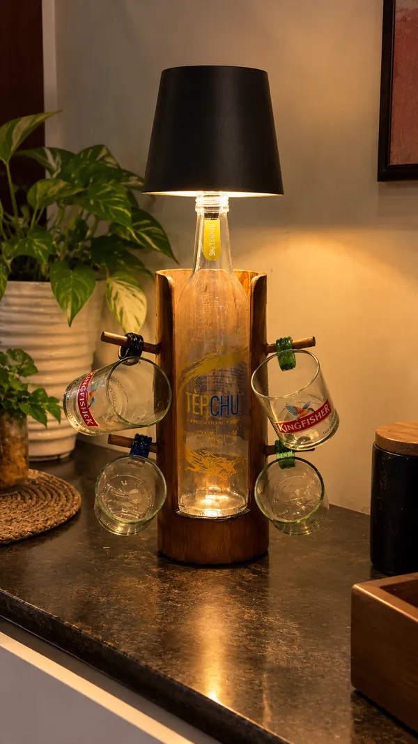Upcycled_Bottle_Lamp_with_Sustainable_Bamboo_Tea_Cup_Stand_|_Set_of_4_Kingfisher®_Tea_Cups_|_Handcrafted_Multipurpose_Décor