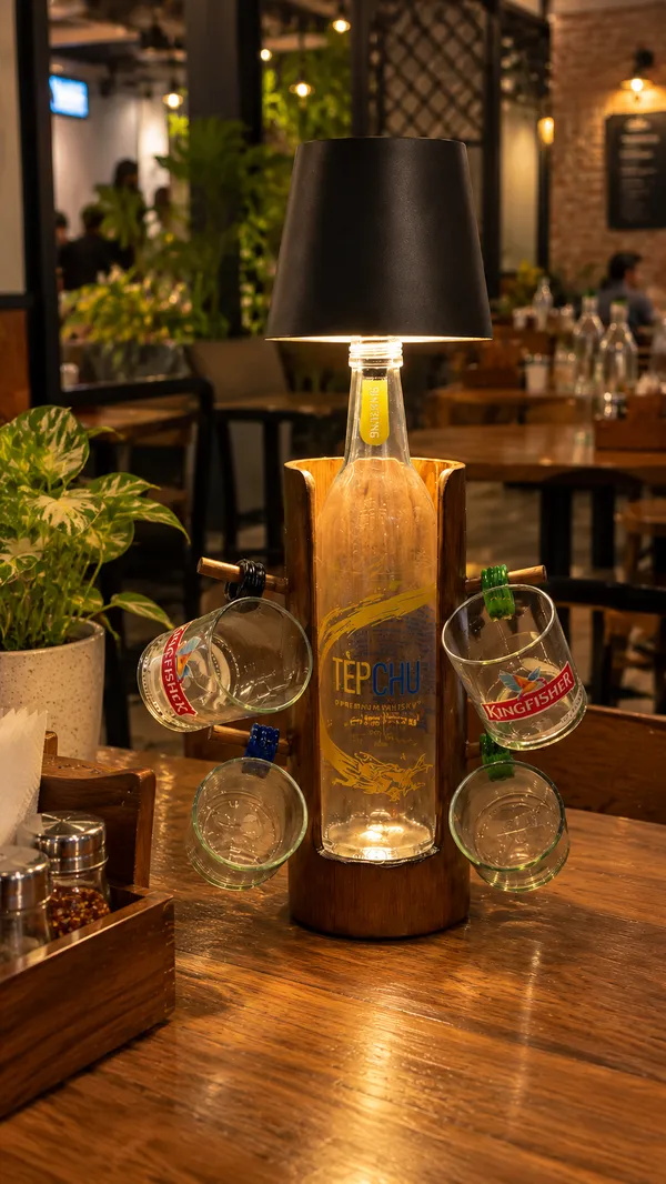 Upcycled_Bottle_Lamp_with_Sustainable_Bamboo_Tea_Cup_Stand_|_Set_of_4_Kingfisher®_Tea_Cups_|_Handcrafted_Multipurpose_Décor