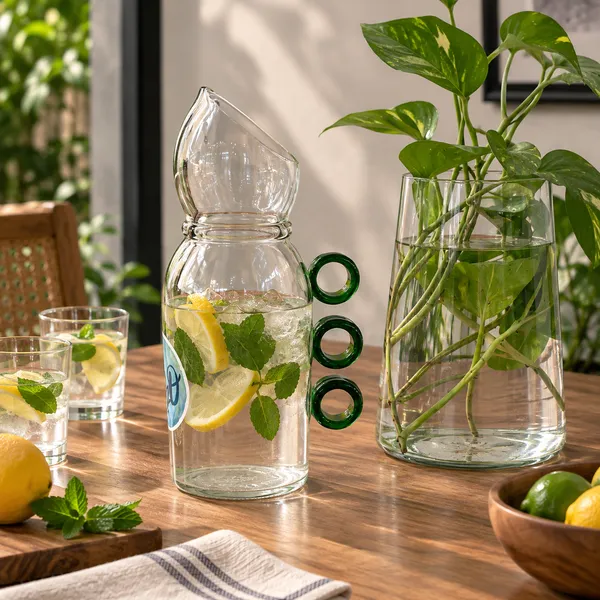 Upcycled_Clear_Glass_Jug_with_Green_Three-Ring_Handle_–_700_ML_|_Made_from_Camino_Tequila®_Bottle