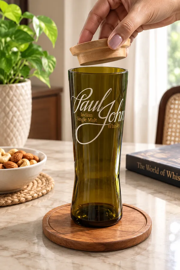 Upcycled_Paul_John®_Bottle_Tall_Glass_with_Wooden_Cap_|_650_ML_|_8_Inch