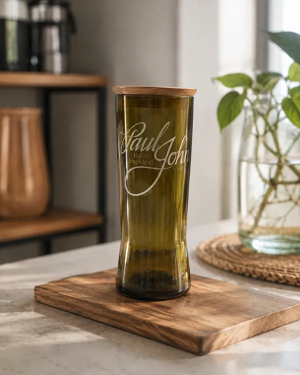 Upcycled_Paul_John®_Bottle_Tall_Glass_with_Wooden_Cap_|_650_ML_|_8_Inch