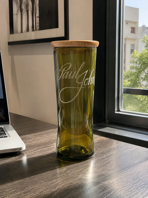 Upcycled_Paul_John®_Bottle_Tall_Glass_with_Wooden_Cap_|_650_ML_|_8_Inch