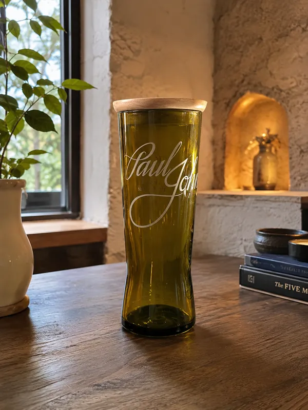 Upcycled_Paul_John®_Bottle_Tall_Glass_with_Wooden_Cap_|_650_ML_|_8_Inch
