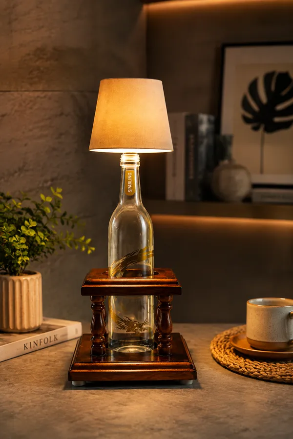 Upcycled_Terchu_Spring_Mineral_Water_Bottle_LED_Table_Lamp_with_Mahogany_Wood_Stand