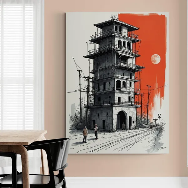Monochromatic_Illustration_Architectural_Cafes_Fade_Resistant_Canvas_Painting_For_Home_And_Offices