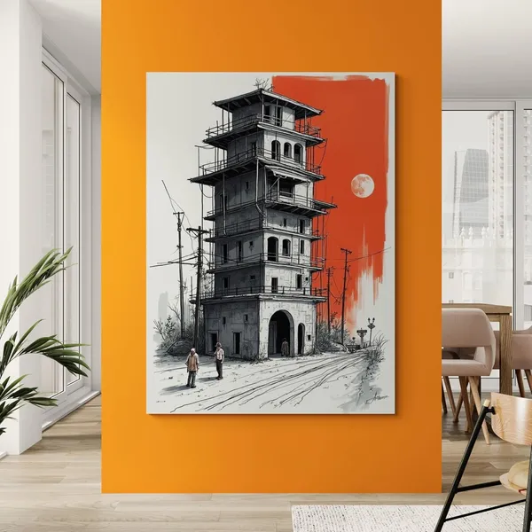 Monochromatic_Illustration_Architectural_Cafes_Fade_Resistant_Canvas_Painting_For_Home_And_Offices