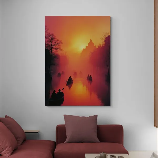 Sunset_Nature_Landscape_Foggy_River_Boats_Canvas_Painting_For_Home_And_Offices
