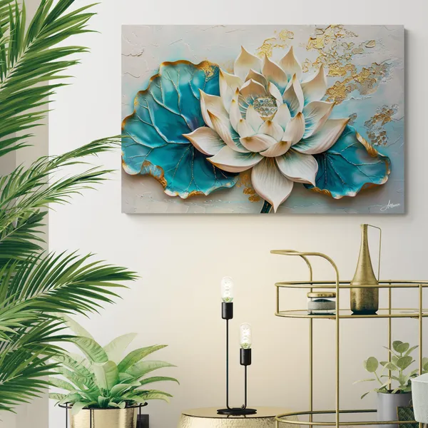 Luxury_White_Teal_Lotus_Textured_Art_Canvas_Painting_For_Home_And_Offices