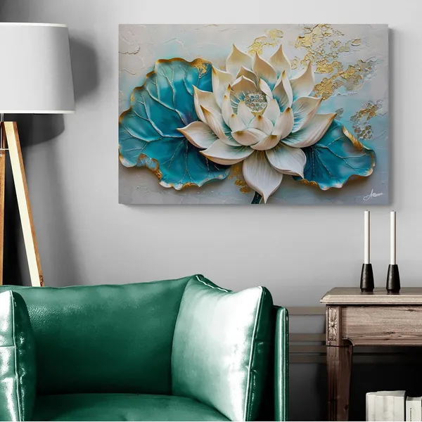 Luxury_White_Teal_Lotus_Textured_Art_Canvas_Painting_For_Home_And_Offices