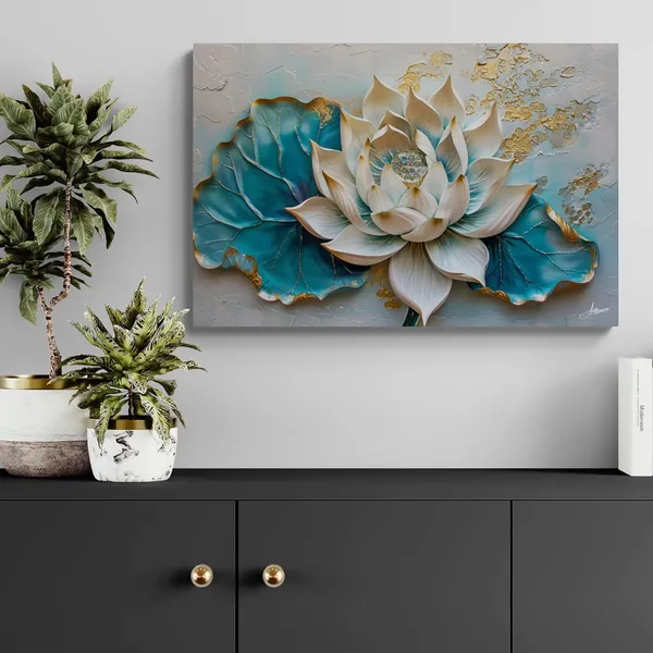 Luxury_White_Teal_Lotus_Textured_Art_Canvas_Painting_For_Home_And_Offices