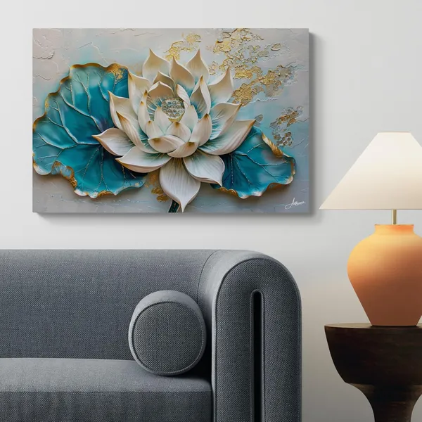 Luxury_White_Teal_Lotus_Textured_Art_Canvas_Painting_For_Home_And_Offices