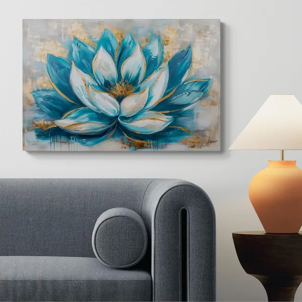 Teal_Abstract_Lotus_Framed_Art_Modern_Canvas_Painting_For_Home_And_Offices