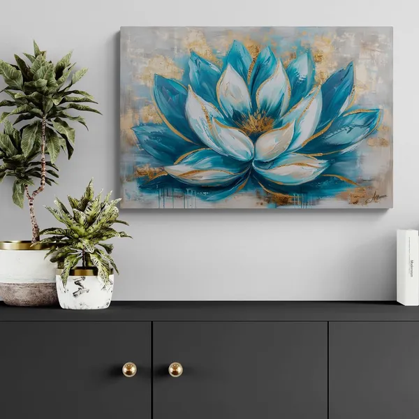 Teal_Abstract_Lotus_Framed_Art_Modern_Canvas_Painting_For_Home_And_Offices