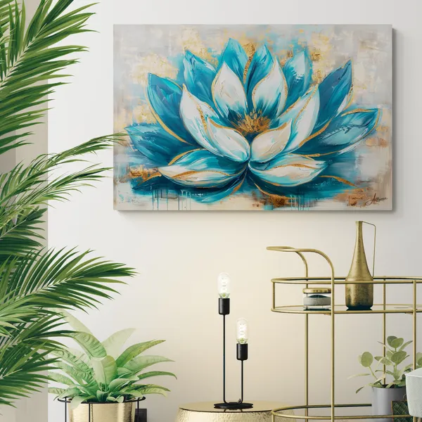 Teal_Abstract_Lotus_Framed_Art_Modern_Canvas_Painting_For_Home_And_Offices