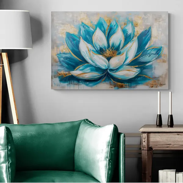 Teal_Abstract_Lotus_Framed_Art_Modern_Canvas_Painting_For_Home_And_Offices