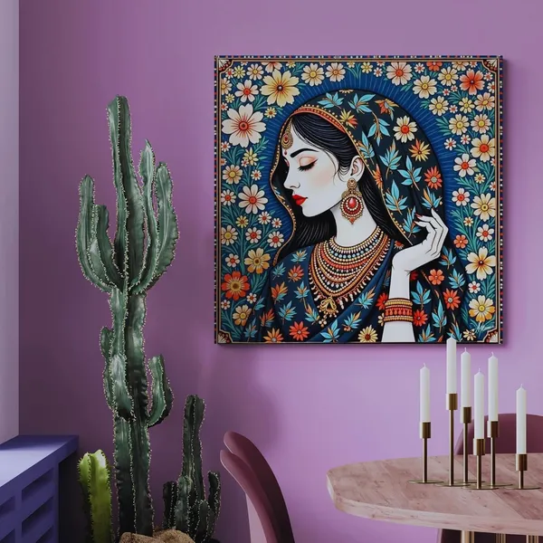 Madhubani_Mythical_Art_Flowers_Indian_Woman_Canvas_Painting_For_Home_And_Offices