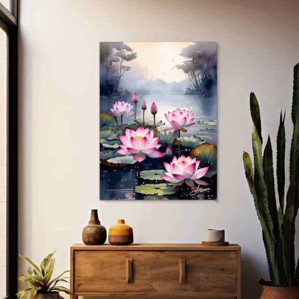 Lotus_Flower_Lake_Art_Pink_Floral_Canvas_Painting_For_Home_And_Offices