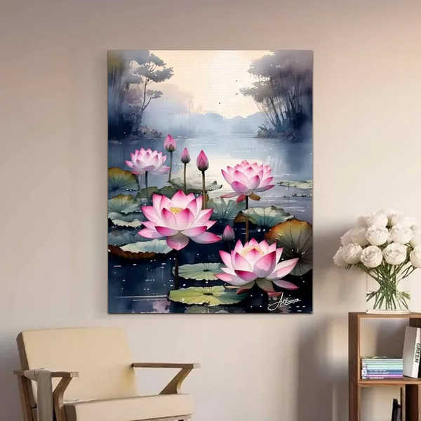 Lotus_Flower_Lake_Art_Pink_Floral_Canvas_Painting_For_Home_And_Offices