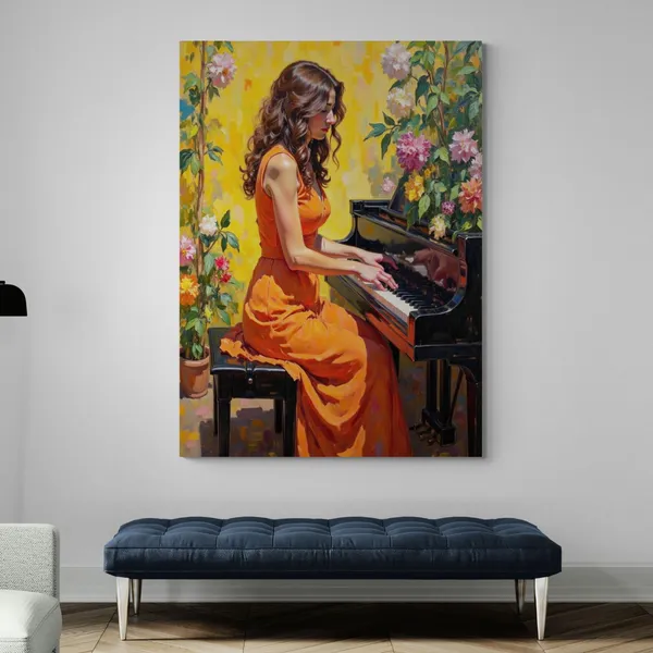 Woman_Playing_Piano_Orange_Outfit_Colorful_Canvas_Painting_For_Home_And_Offices