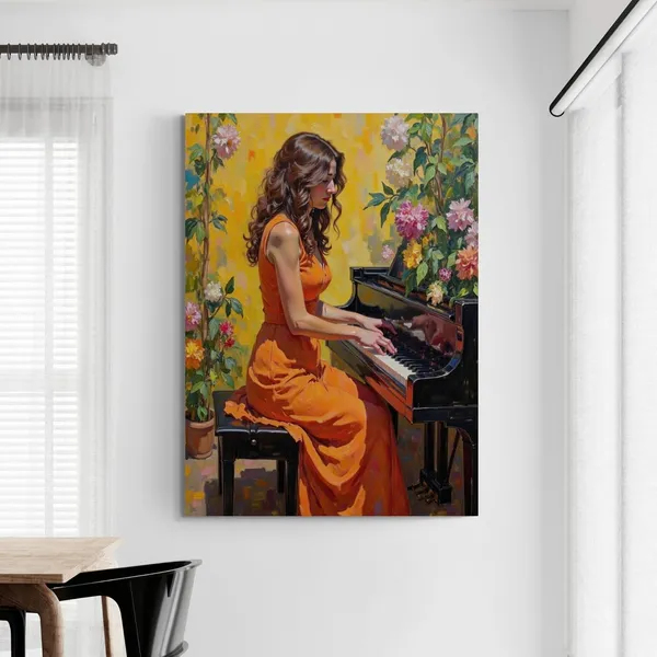 Woman_Playing_Piano_Orange_Outfit_Colorful_Canvas_Painting_For_Home_And_Offices