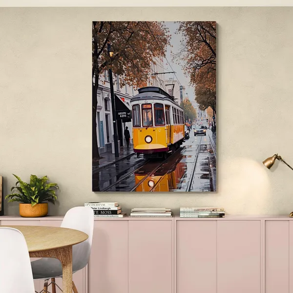 Decor_Hanging_Yellow_Tram_Train_Cityscape_Canvas_Painting_For_Home_And_Offices