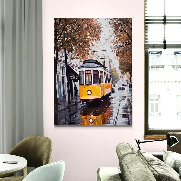 Decor_Hanging_Yellow_Tram_Train_Cityscape_Canvas_Painting_For_Home_And_Offices