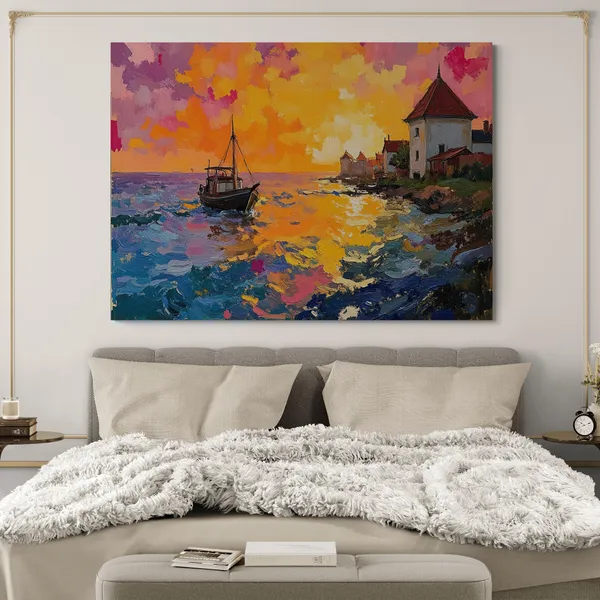 Nature_Lakeview_Boat_Bright_Colourful_Eclectic_Canvas_Painting_For_Home_And_Offices