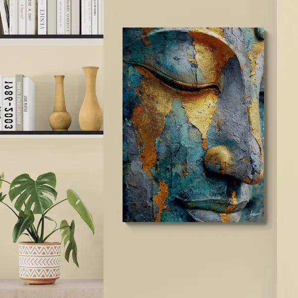 Textured_Gold_Teal_Buddha_Face_Abstract_Canvas_Painting_For_Home_And_Offices