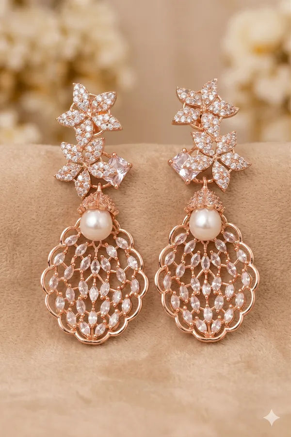 Rose_Gold_Plated_American_Diamond_Pearl_Drop_Earrings_for_Women_|_Floral_CZ_Party_Wear_Dangler_Earrings