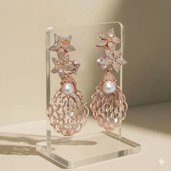 Rose_Gold_Plated_American_Diamond_Pearl_Drop_Earrings_for_Women_|_Floral_CZ_Party_Wear_Dangler_Earrings