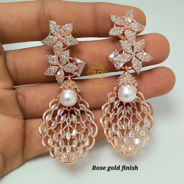 Rose_Gold_Plated_American_Diamond_Pearl_Drop_Earrings_for_Women_|_Floral_CZ_Party_Wear_Dangler_Earrings