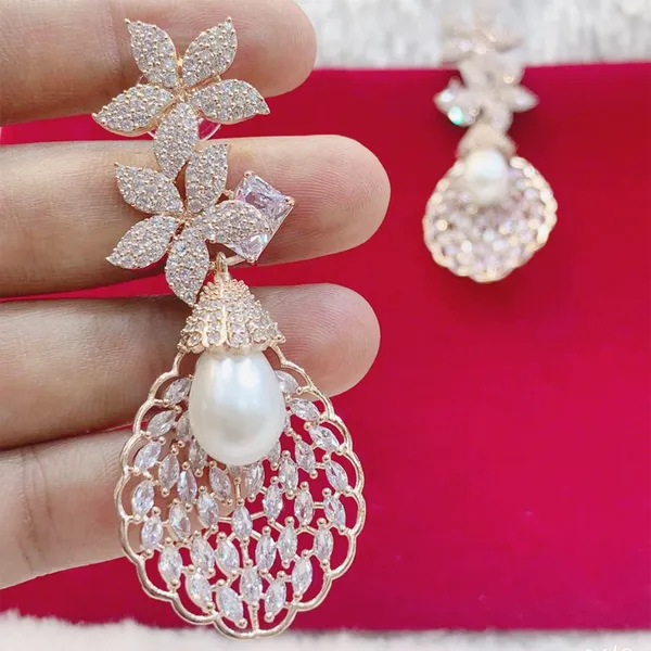 Rose_Gold_Plated_American_Diamond_Pearl_Drop_Earrings_for_Women_|_Floral_CZ_Party_Wear_Dangler_Earrings