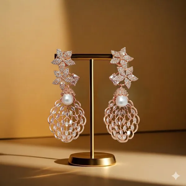 Rose_Gold_Plated_American_Diamond_Pearl_Drop_Earrings_for_Women_|_Floral_CZ_Party_Wear_Dangler_Earrings