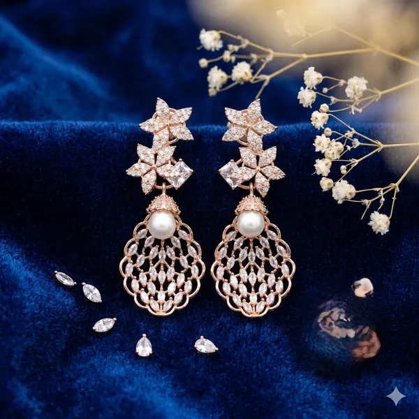 Rose_Gold_Plated_American_Diamond_Pearl_Drop_Earrings_for_Women_|_Floral_CZ_Party_Wear_Dangler_Earrings