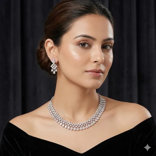 White_Brass_Silver_Plated_Beautiful_Uncut_2_Line_Necklace_Set_With_Maangtika_For_Women_And_Girls