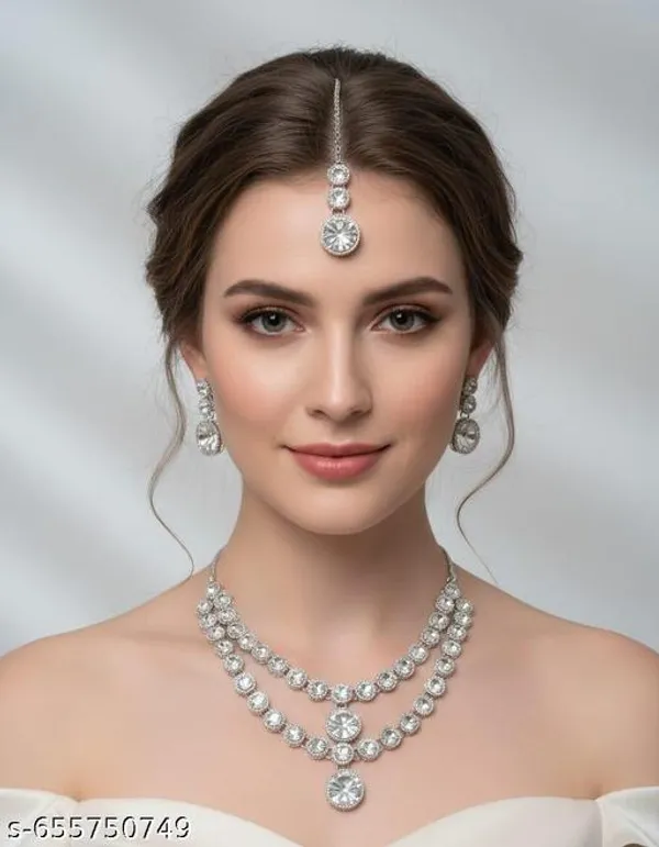 White_Brass_Silver_Plated_Beautiful_Uncut_2_Line_Necklace_Set_With_Maangtika_For_Women_And_Girls