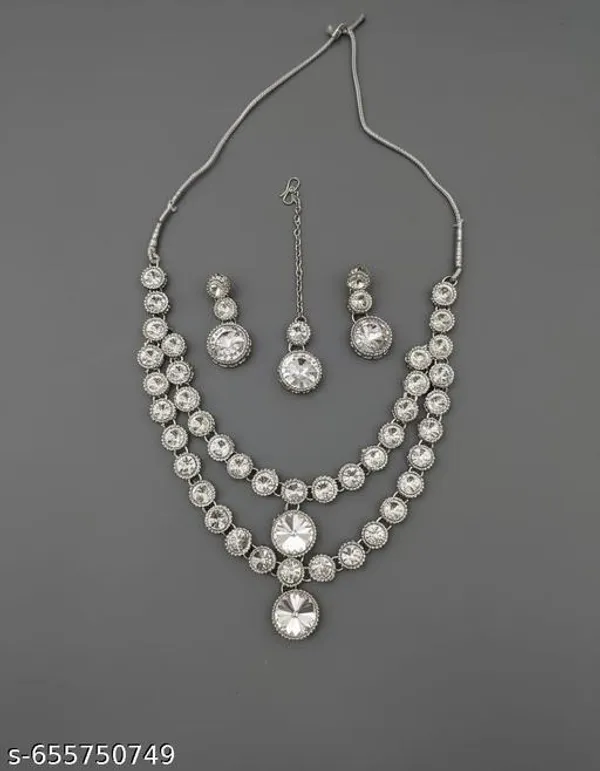 White_Brass_Silver_Plated_Beautiful_Uncut_2_Line_Necklace_Set_With_Maangtika_For_Women_And_Girls