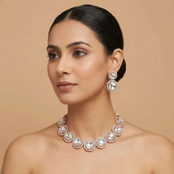 Rose_Gold_Plated_Kundan_Polki_Necklace_And_Earrings_With_American_Diamond_Cubic_Zirconia_For_Women_And_Girls