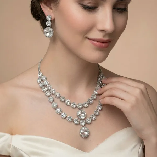 White_Brass_Silver_Plated_Beautiful_Uncut_2_Line_Necklace_Set_With_Maangtika_For_Women_And_Girls