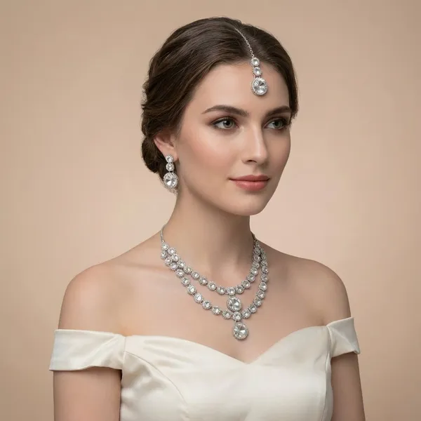White_Brass_Silver_Plated_Beautiful_Uncut_2_Line_Necklace_Set_With_Maangtika_For_Women_And_Girls